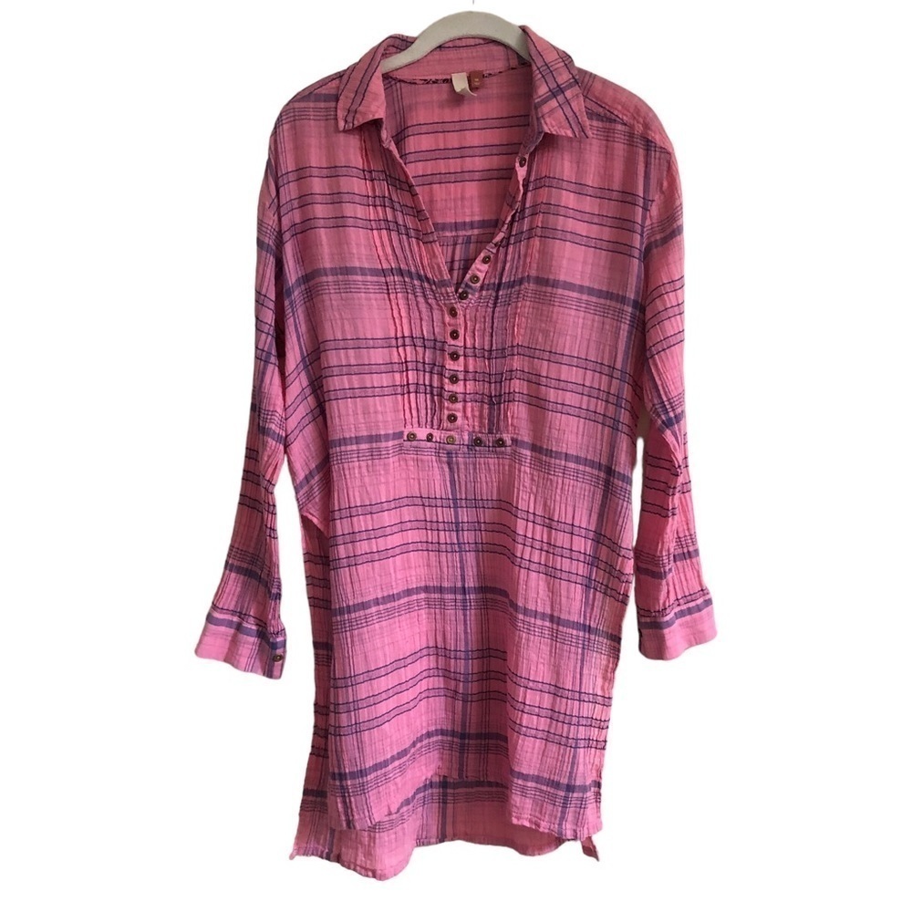 PILCRO Anthropologie Pink Plaid Long Sleeve Button Front Tunic Top Size XS